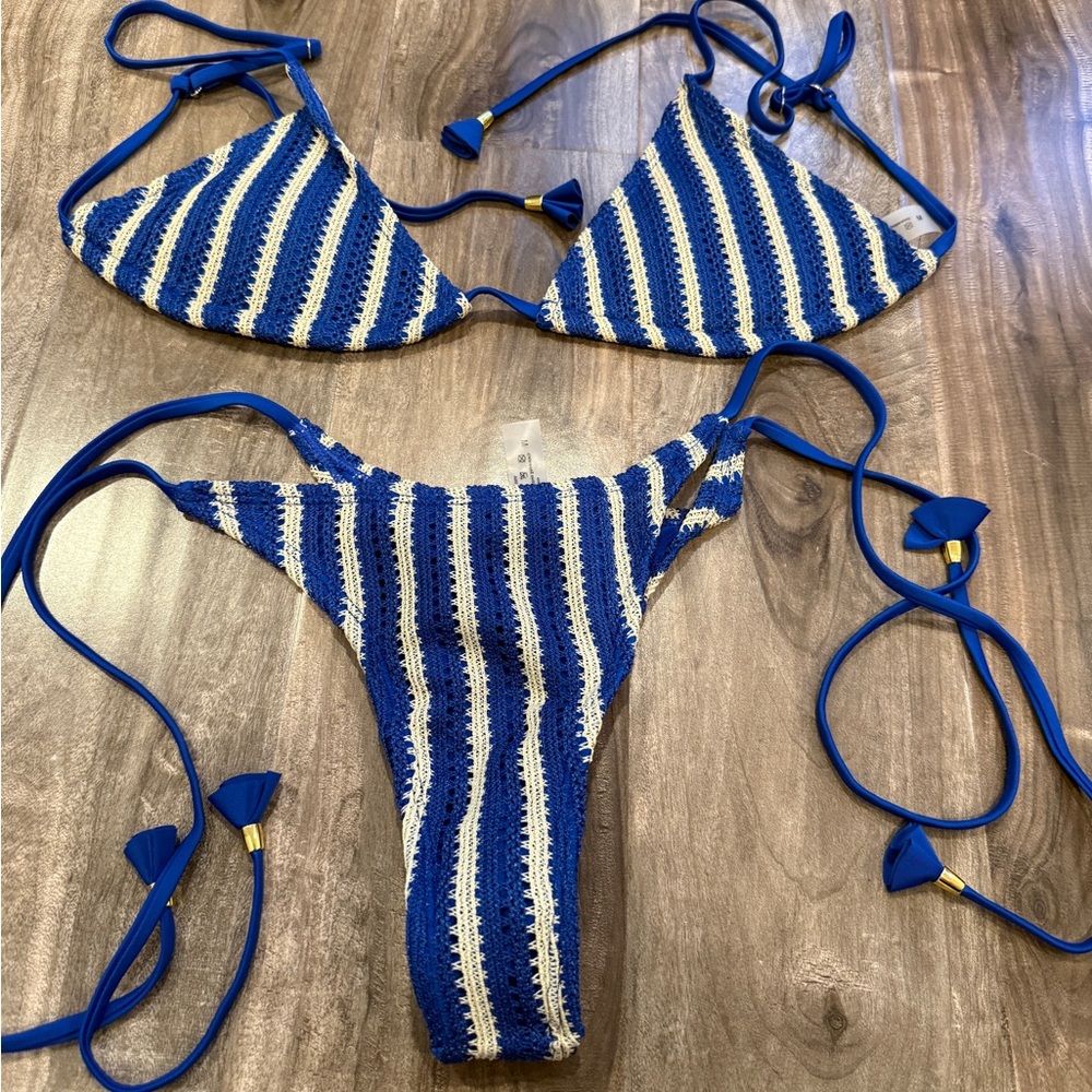 Shein Crochet Stripe Bikini Set – Blue & White